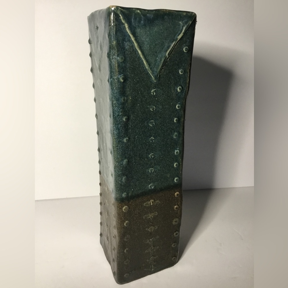 Studio Art Pottery Vase Tall Rectangle Blue Brown